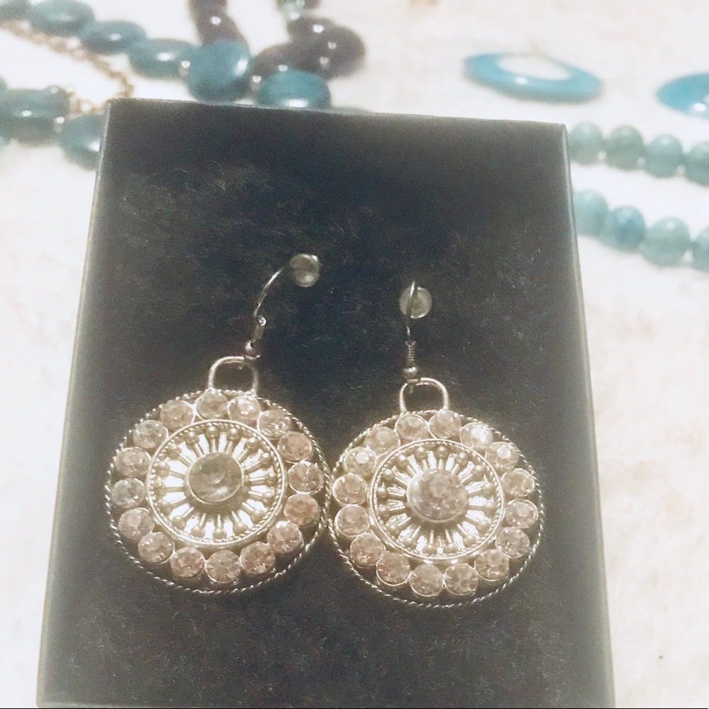 Large Silver Disc Crystal Dangle Earrings - image 6